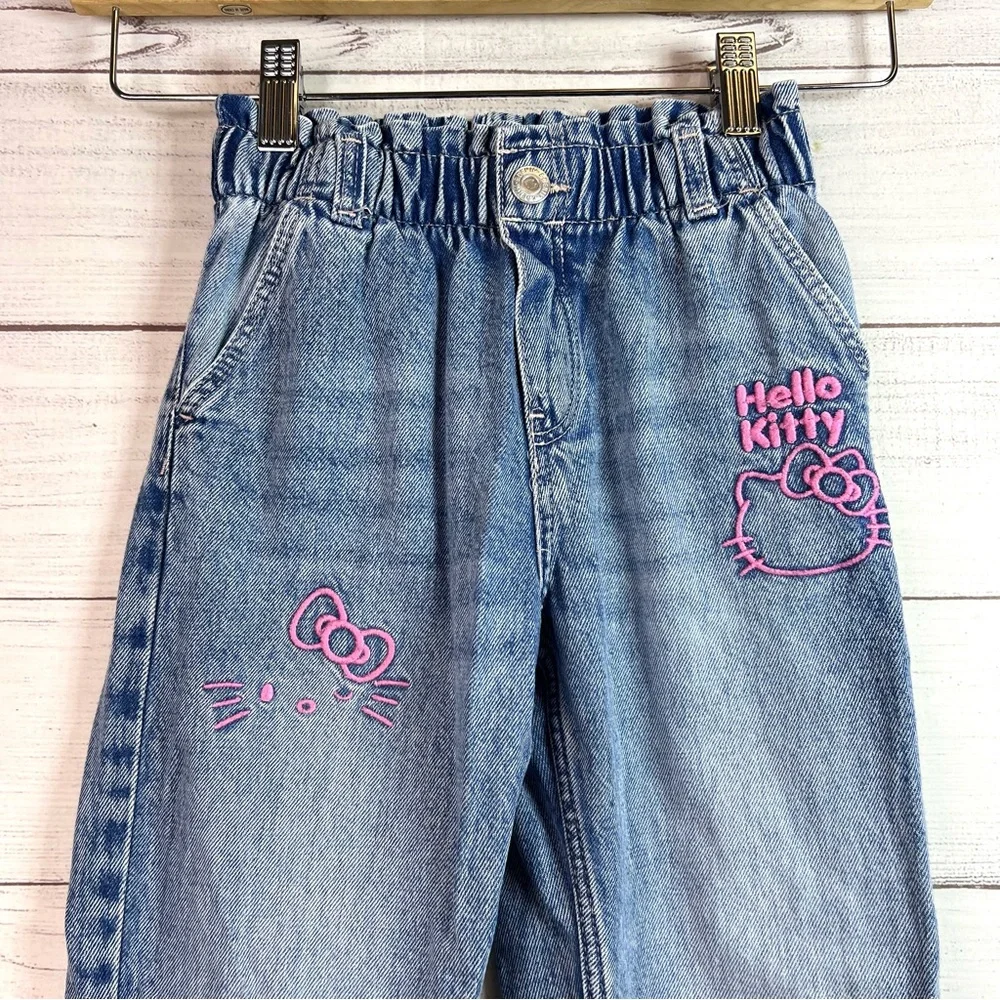 H&M Girls Hello Kitty Relaxed Fit Paper Bag Jeans Embroidered Denim Size 6